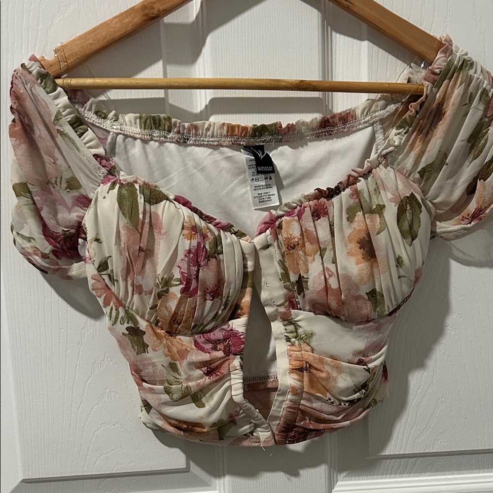 Windsor Floral Puff Sleeve Off the Shoulder Crop Top - Pink and Green